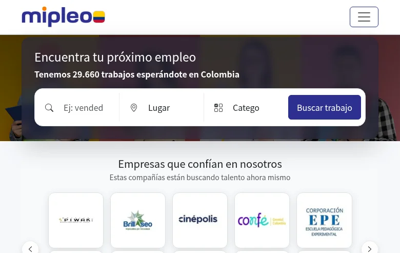 Mipleo Colombia screenshot Mipleo Colombia job board platform screenshot showing job search interface