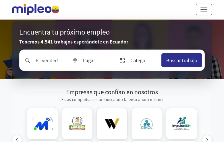 Mipleo Ecuador job board platform screenshot showing job search interface
