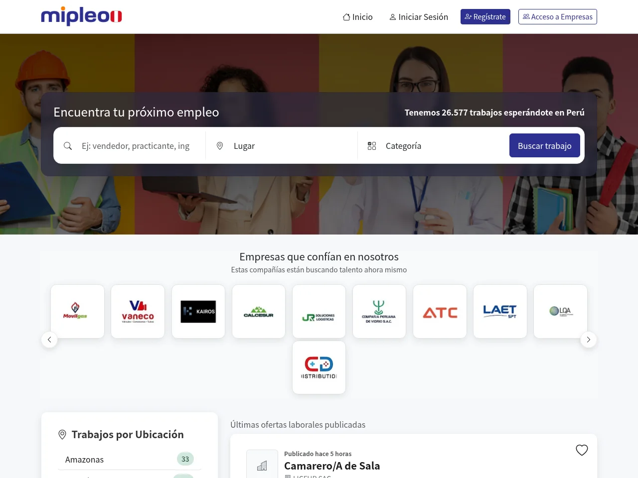 Mipleo Perú job board platform screenshot showing job search interface