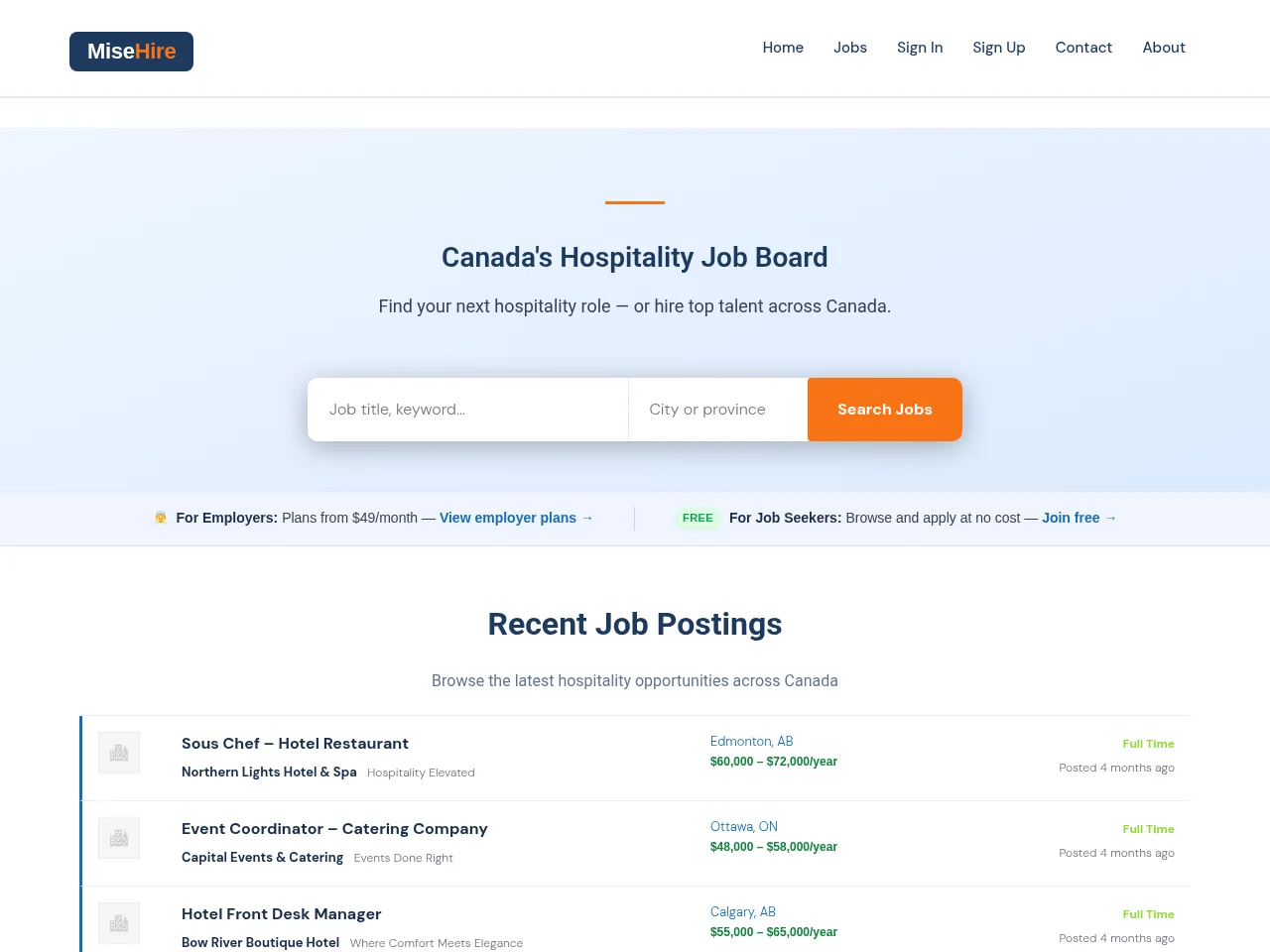 MiseHire screenshot MiseHire job board platform screenshot showing job search interface