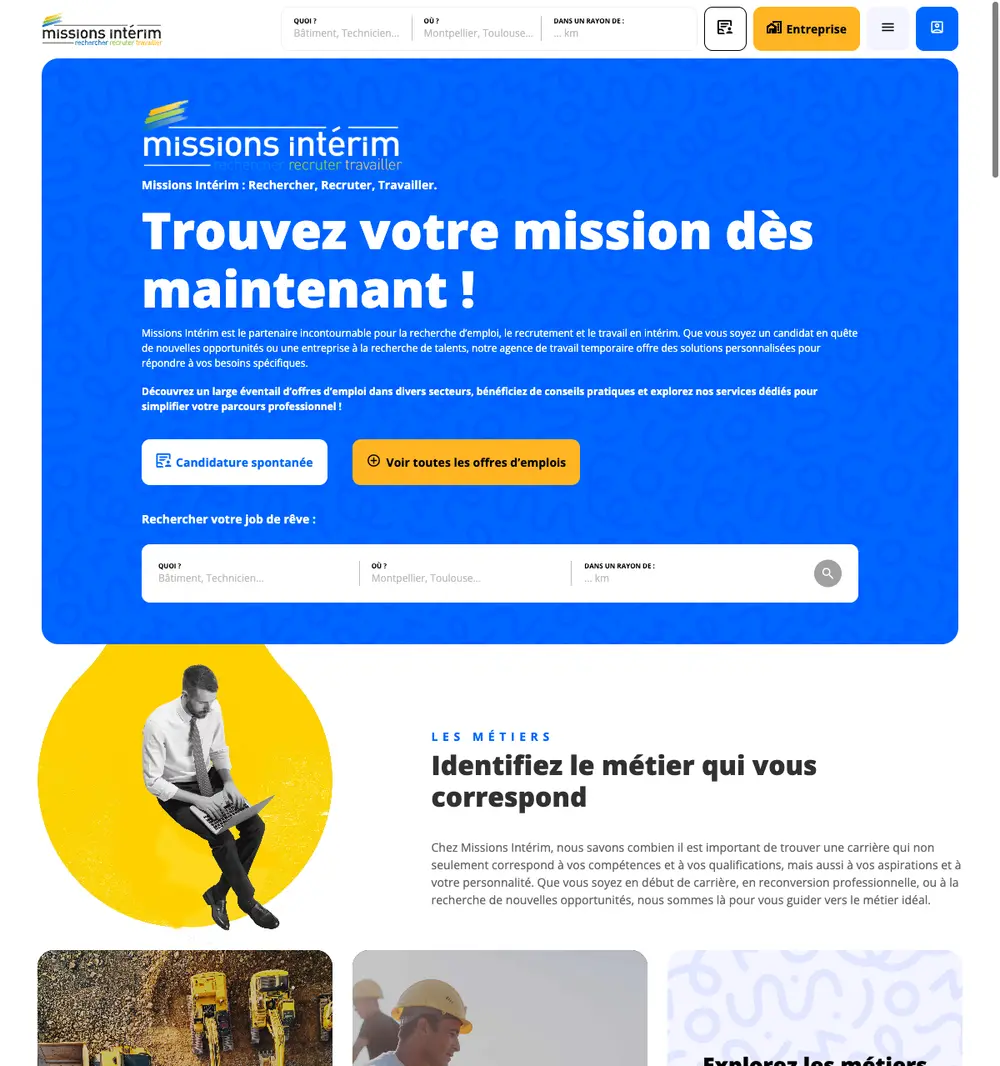 Missions Intérim job board platform screenshot showing job search interface