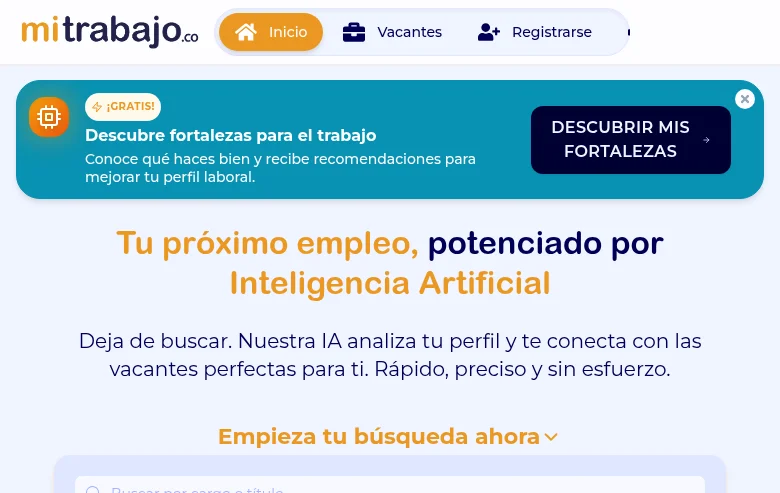 MiTrabajo.co job board platform screenshot showing job search interface