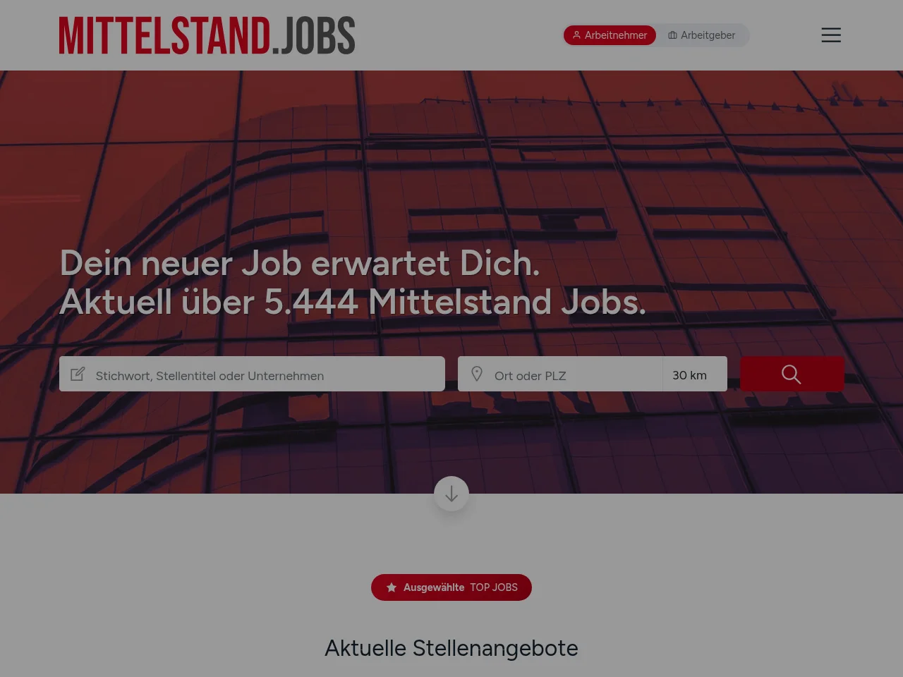 MITTELSTAND.JOBS job board platform screenshot showing job search interface