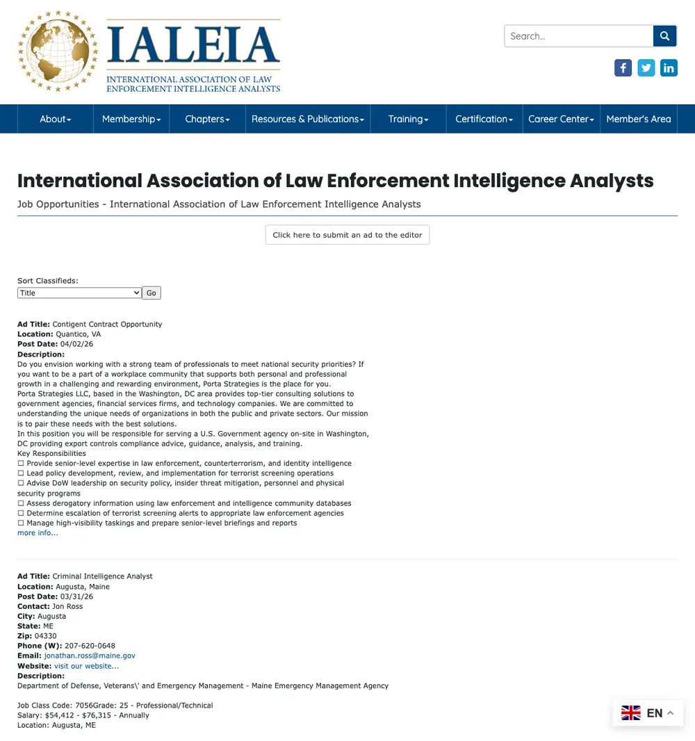 International Association of Law Enforcement Intelligence Analysts job board platform screenshot showing job search interface