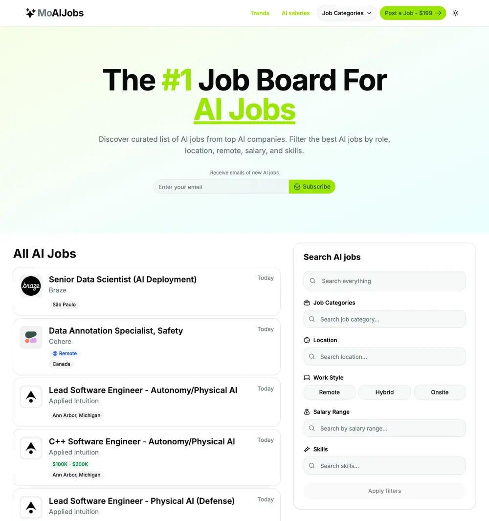 MoAIJobs job board platform screenshot showing job search interface