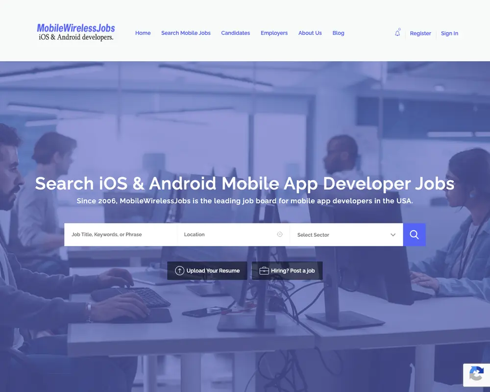 Mobile Wireless Jobs job board platform screenshot showing job search interface