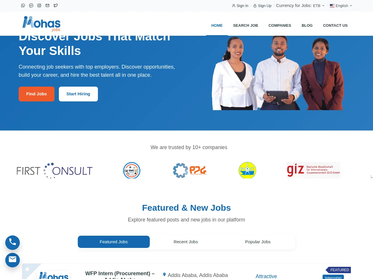 Mohas Jobs job board platform screenshot showing job search interface