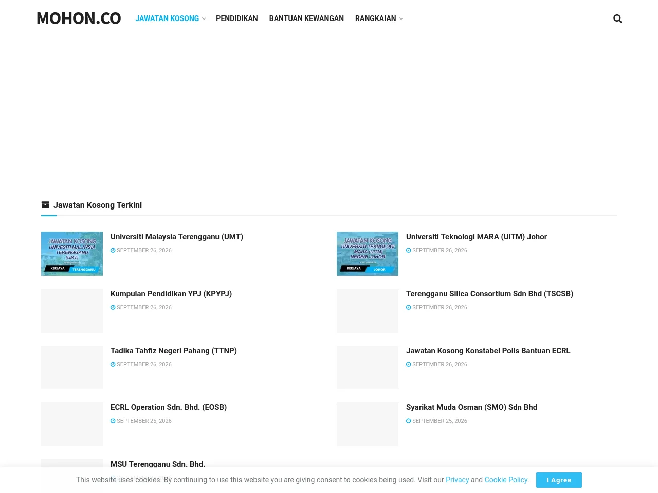 Mohon.co job board platform screenshot showing job search interface