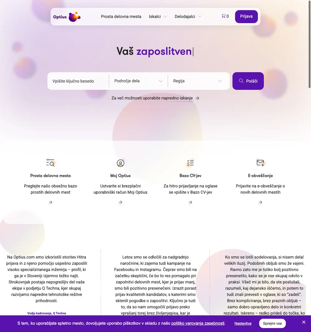 Optius.com job board platform screenshot showing job search interface