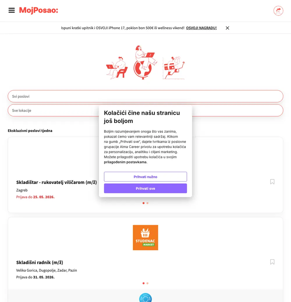 MojPosao job board platform screenshot showing job search interface