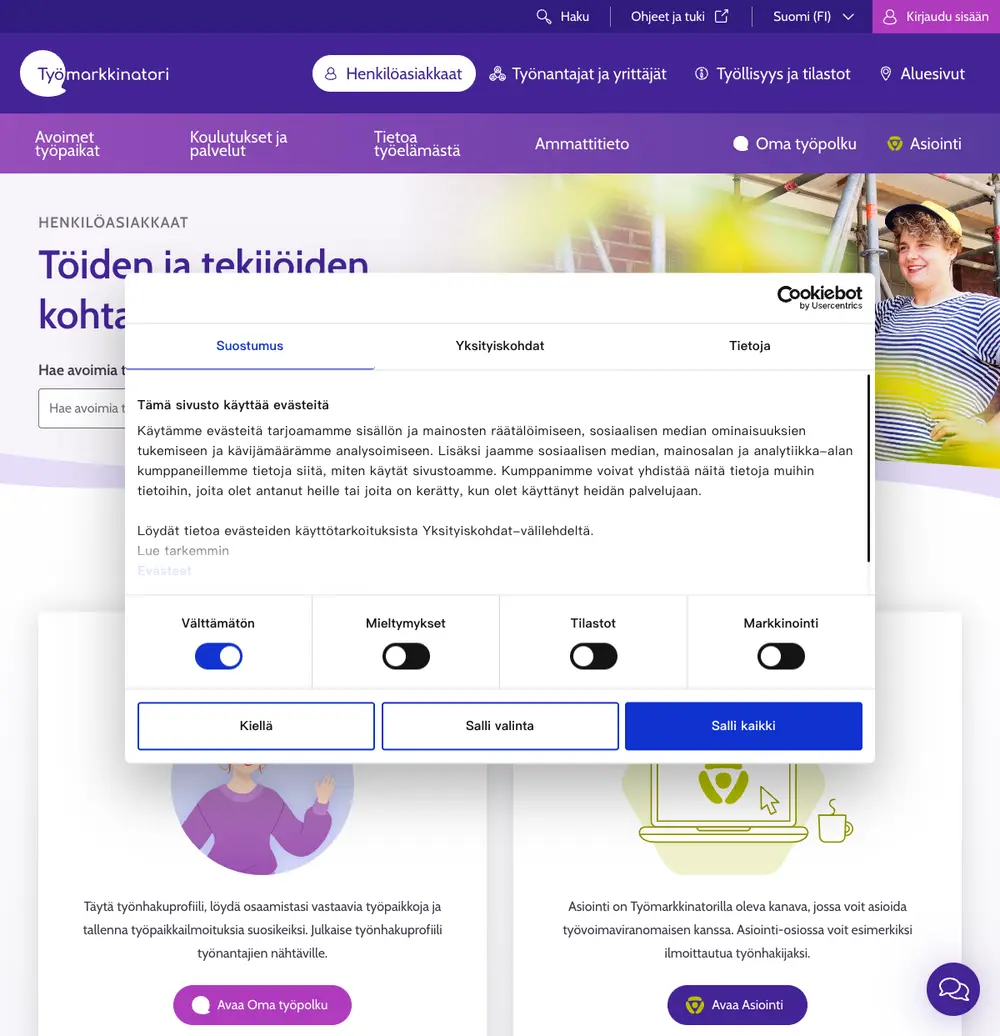 Työmarkkinatori job board platform screenshot showing job search interface