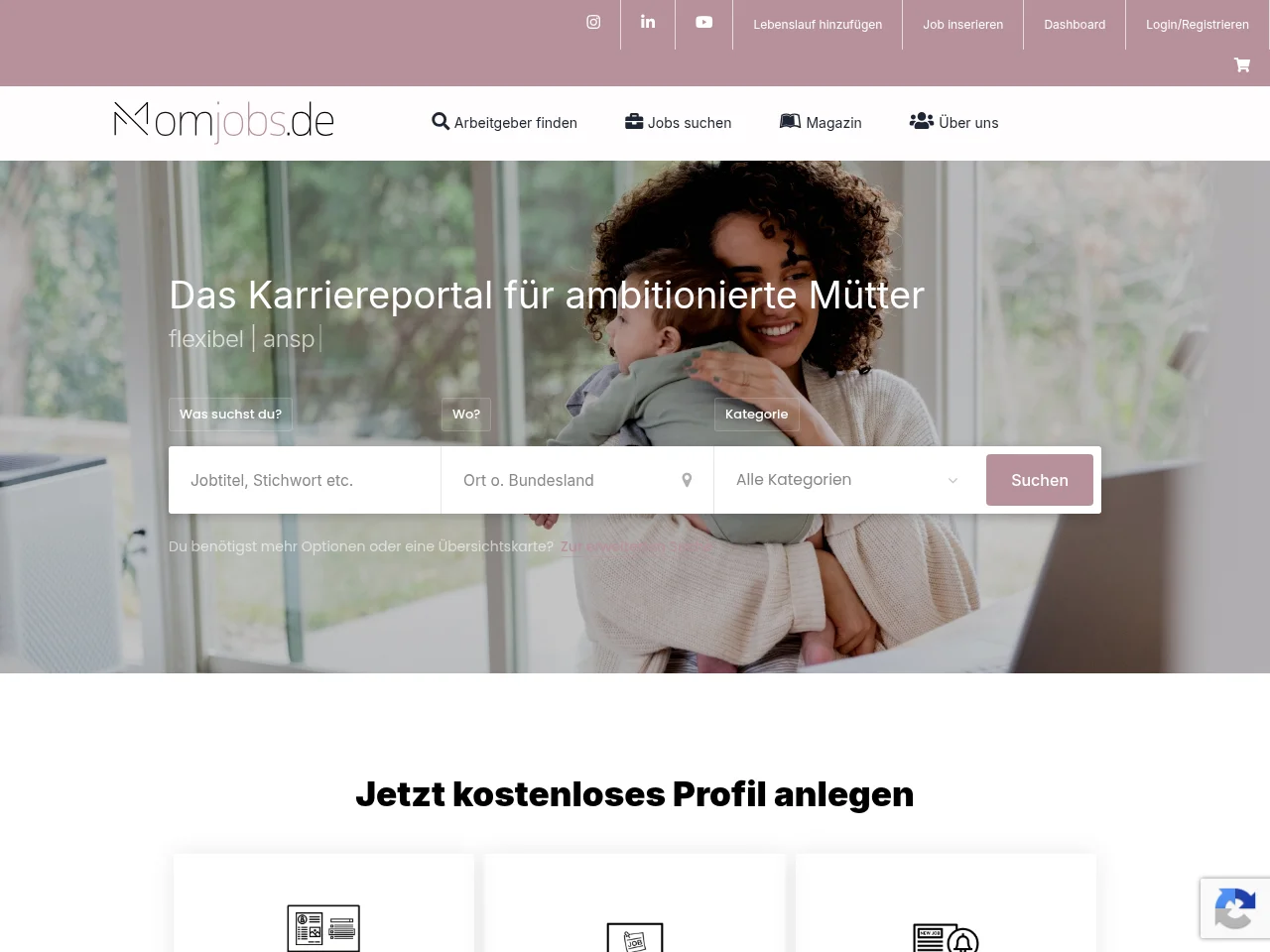 momjobs.de job board platform screenshot showing job search interface