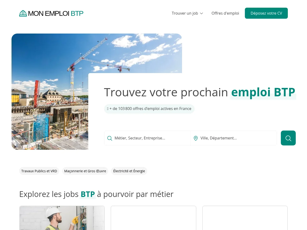 Mon Emploi BTP job board platform screenshot showing job search interface