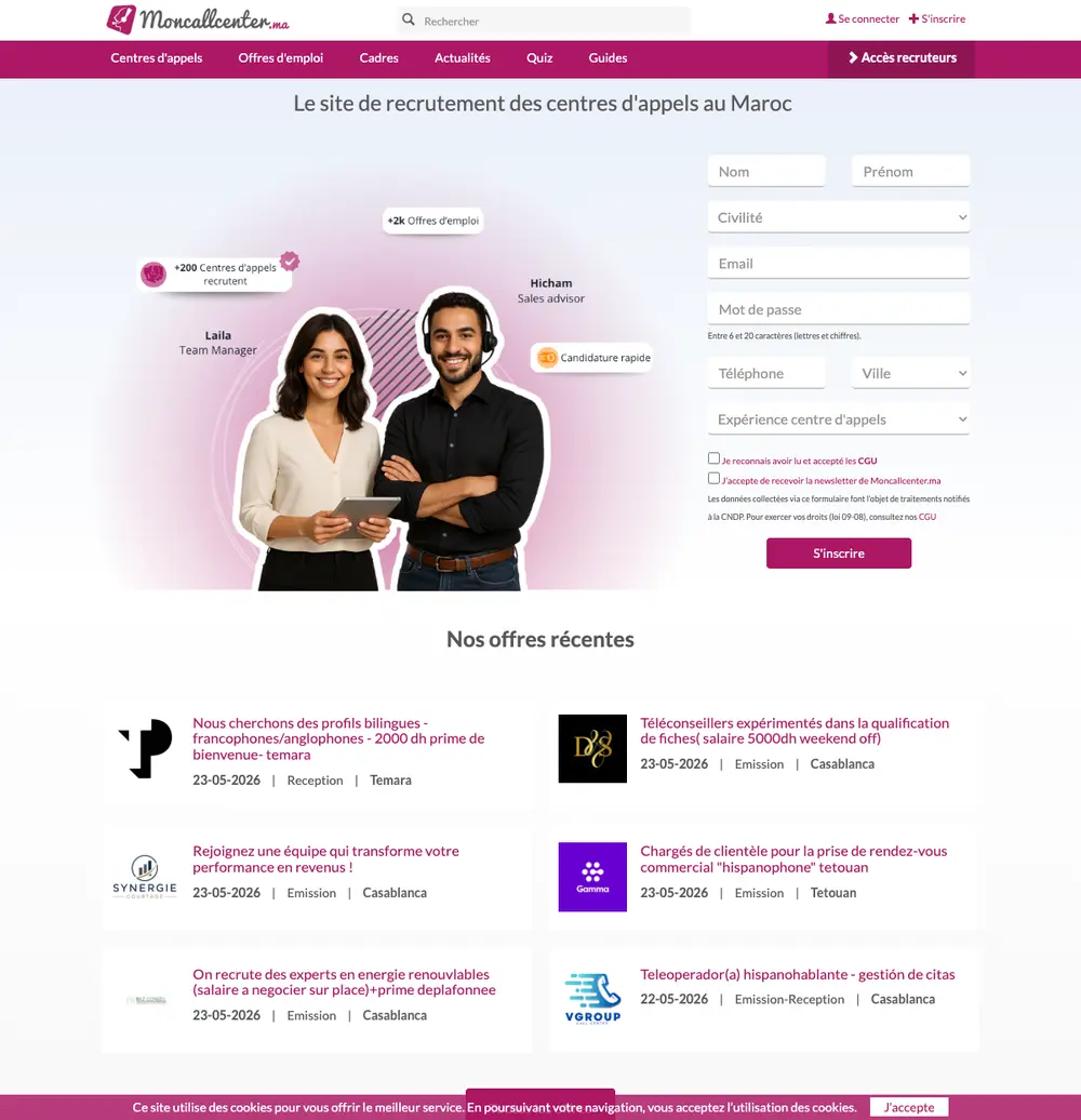 Moncallcenter.ma job board platform screenshot showing job search interface