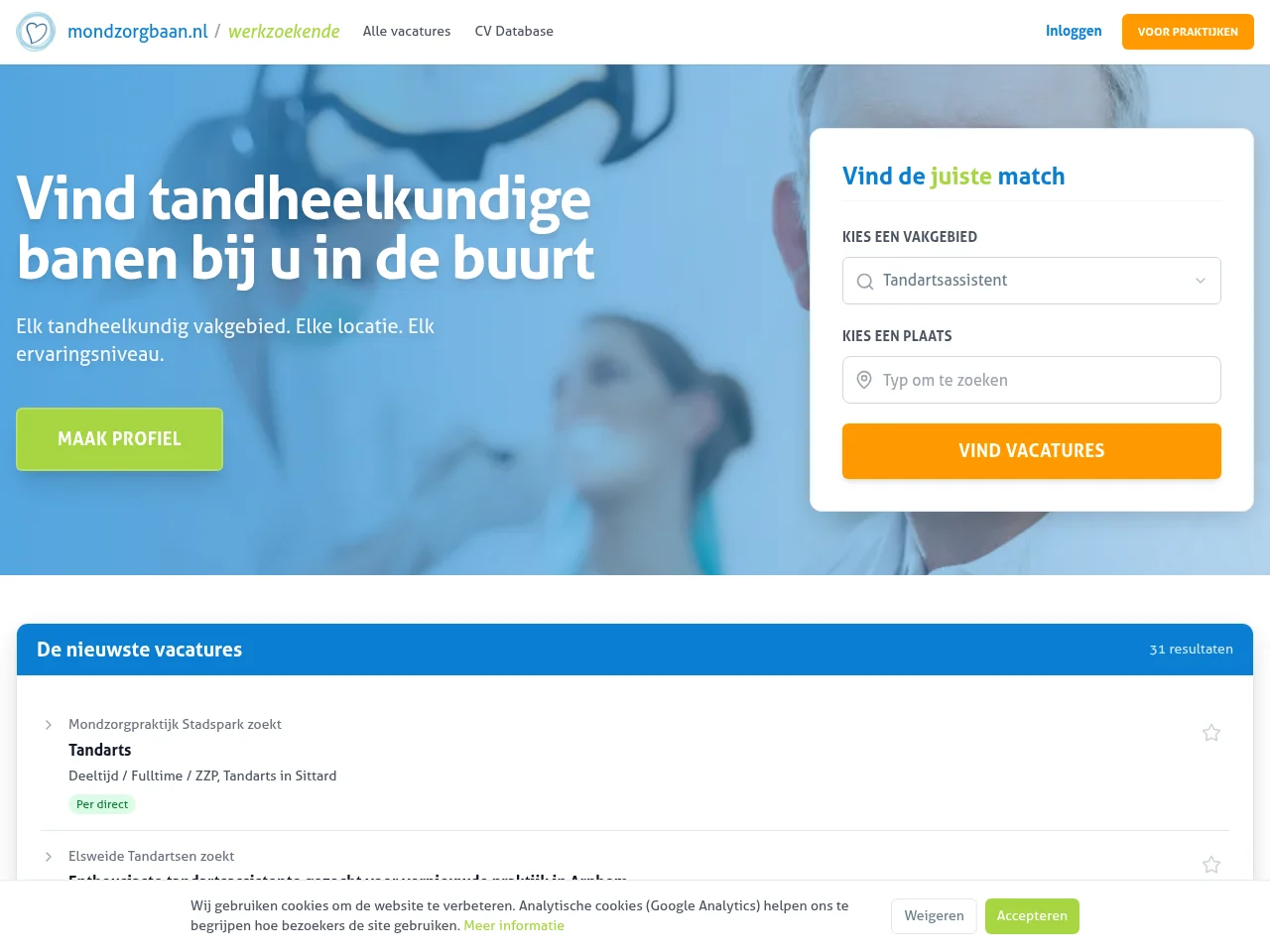 Mondzorgbaan job board platform screenshot showing job search interface