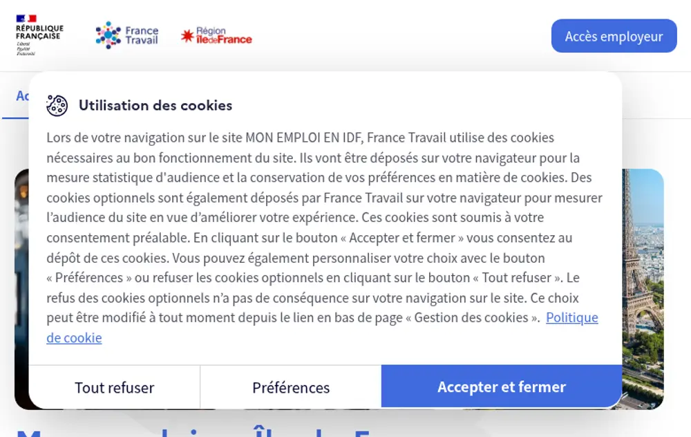Mon emploi en Île-de-France job board platform screenshot showing job search interface