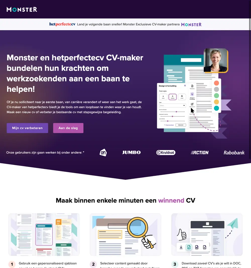 Monster Belgium job board platform screenshot showing job search interface