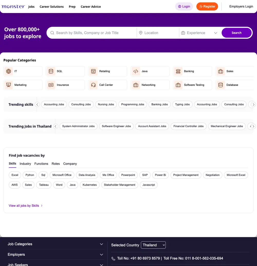 Monster Thailand job board platform screenshot showing job search interface