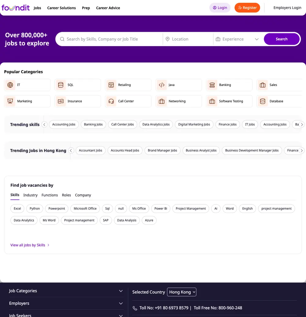 foundit Hong Kong job board platform screenshot showing job search interface