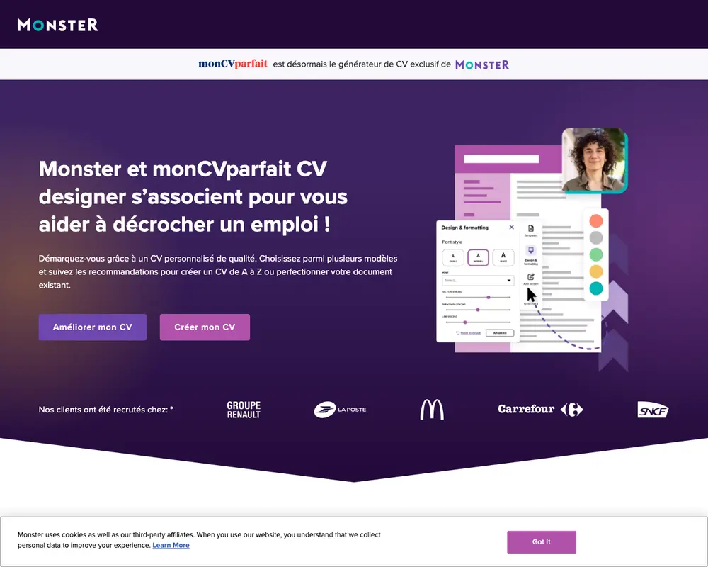 monster.fr job board platform screenshot showing job search interface