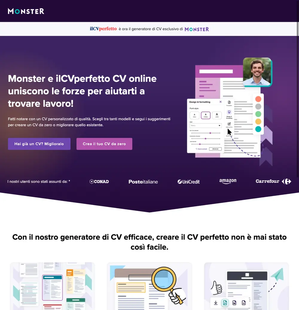 monster.it job board platform screenshot showing job search interface