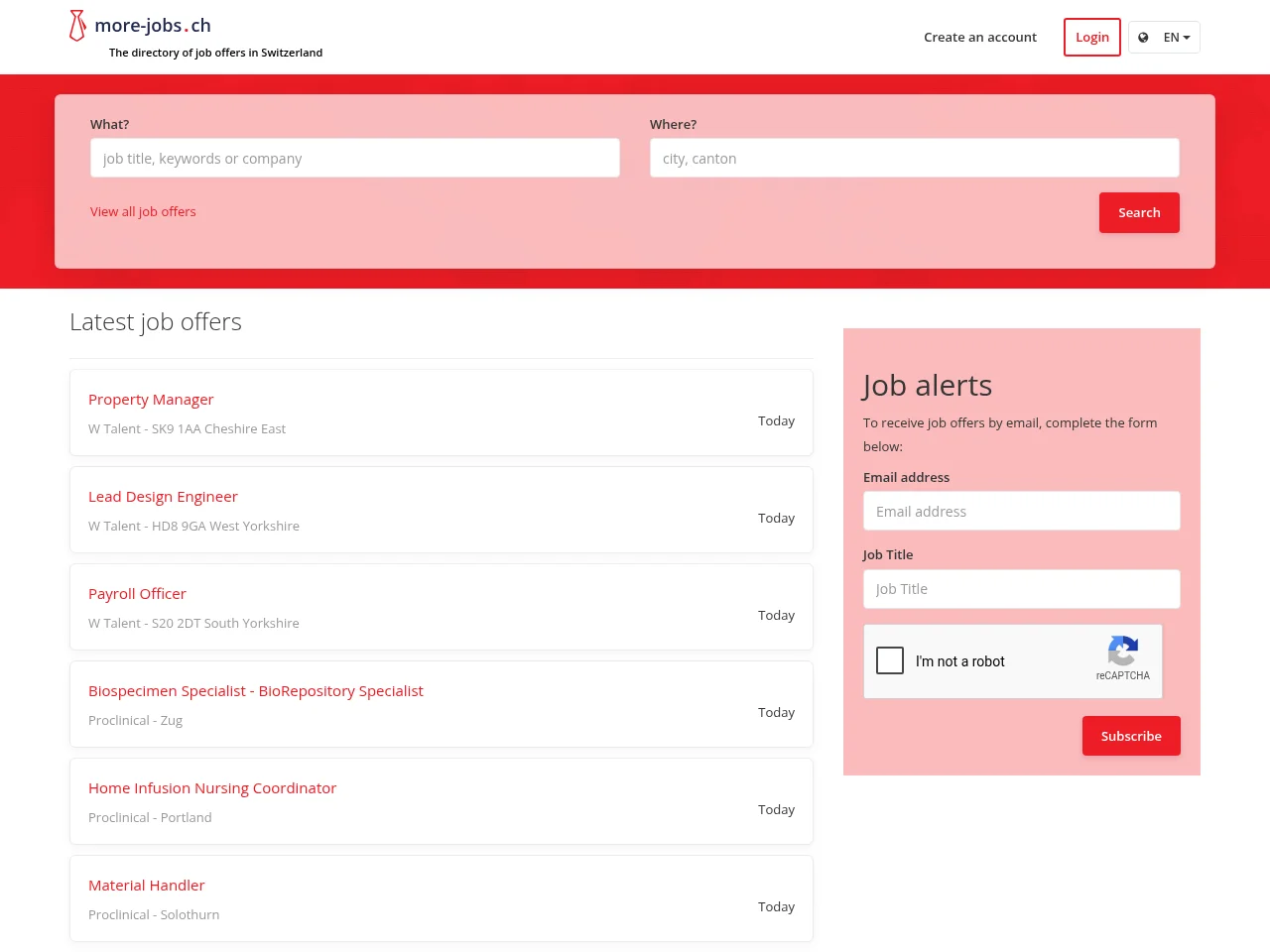more-jobs.ch job board platform screenshot showing job search interface