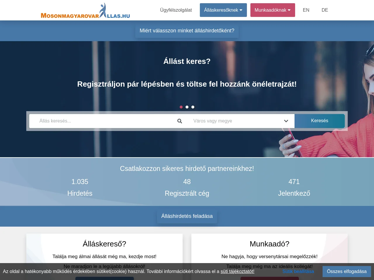MosonmagyarovarAllas.hu screenshot MosonmagyarovarAllas.hu job board platform screenshot showing job search interface