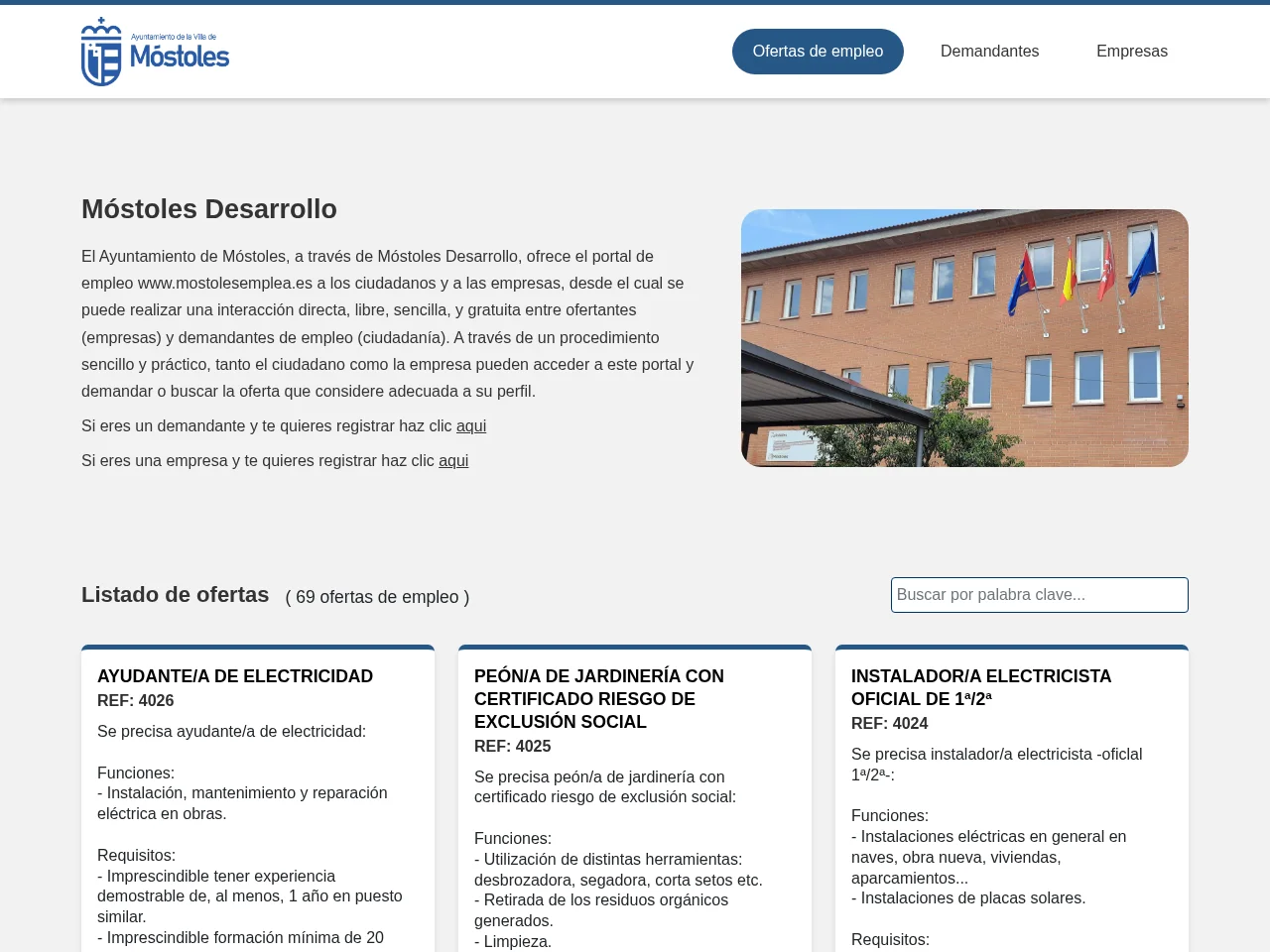 Móstoles Emplea job board platform screenshot showing job search interface