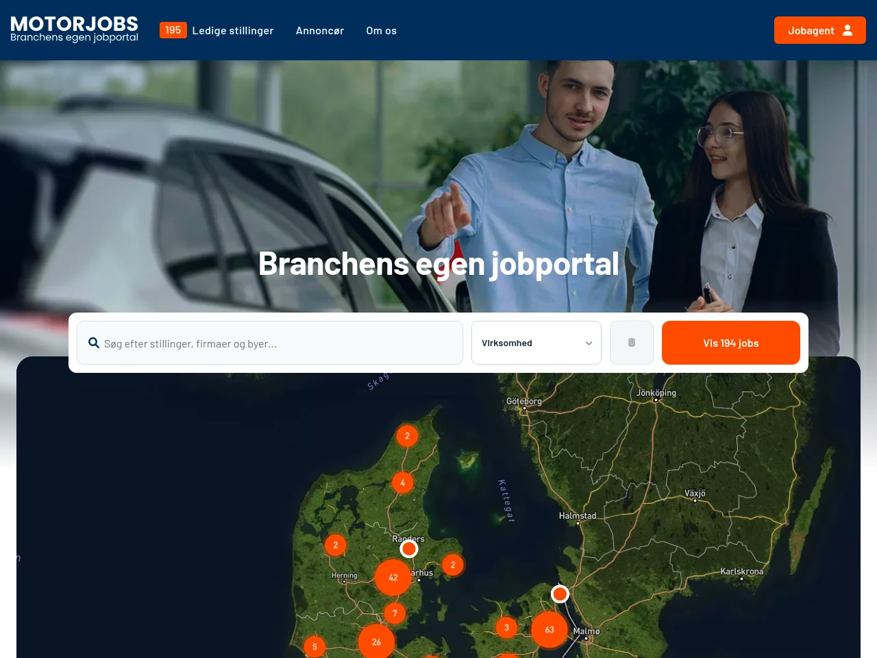 Motorjobs.dk job board platform screenshot showing job search interface