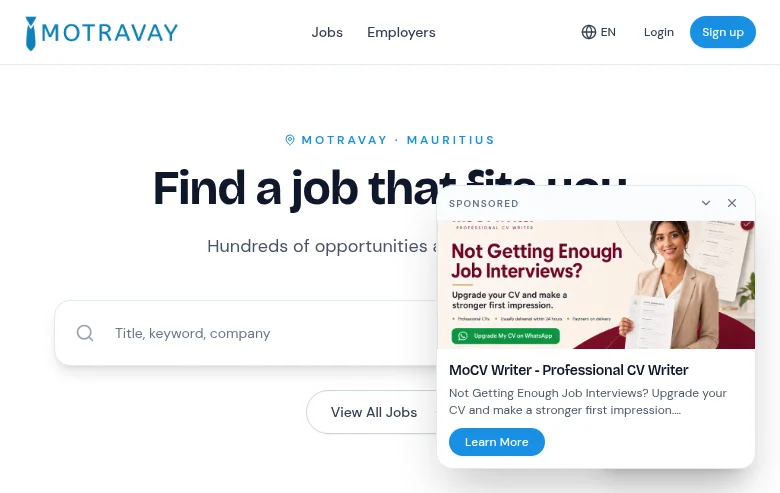 Motravay job board platform screenshot showing job search interface