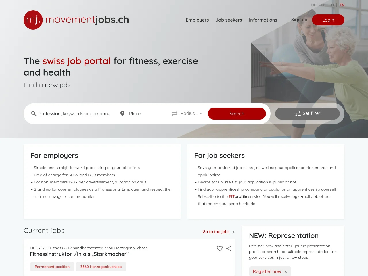 movementjobs.ch job board platform screenshot showing job search interface