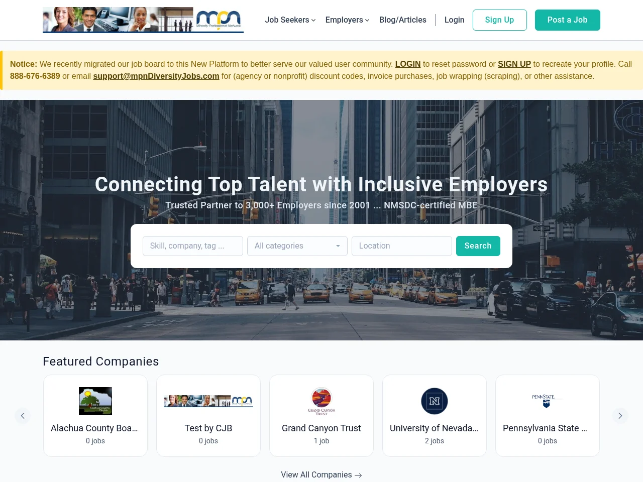mpnDiversityJobs.com job board platform screenshot showing job search interface