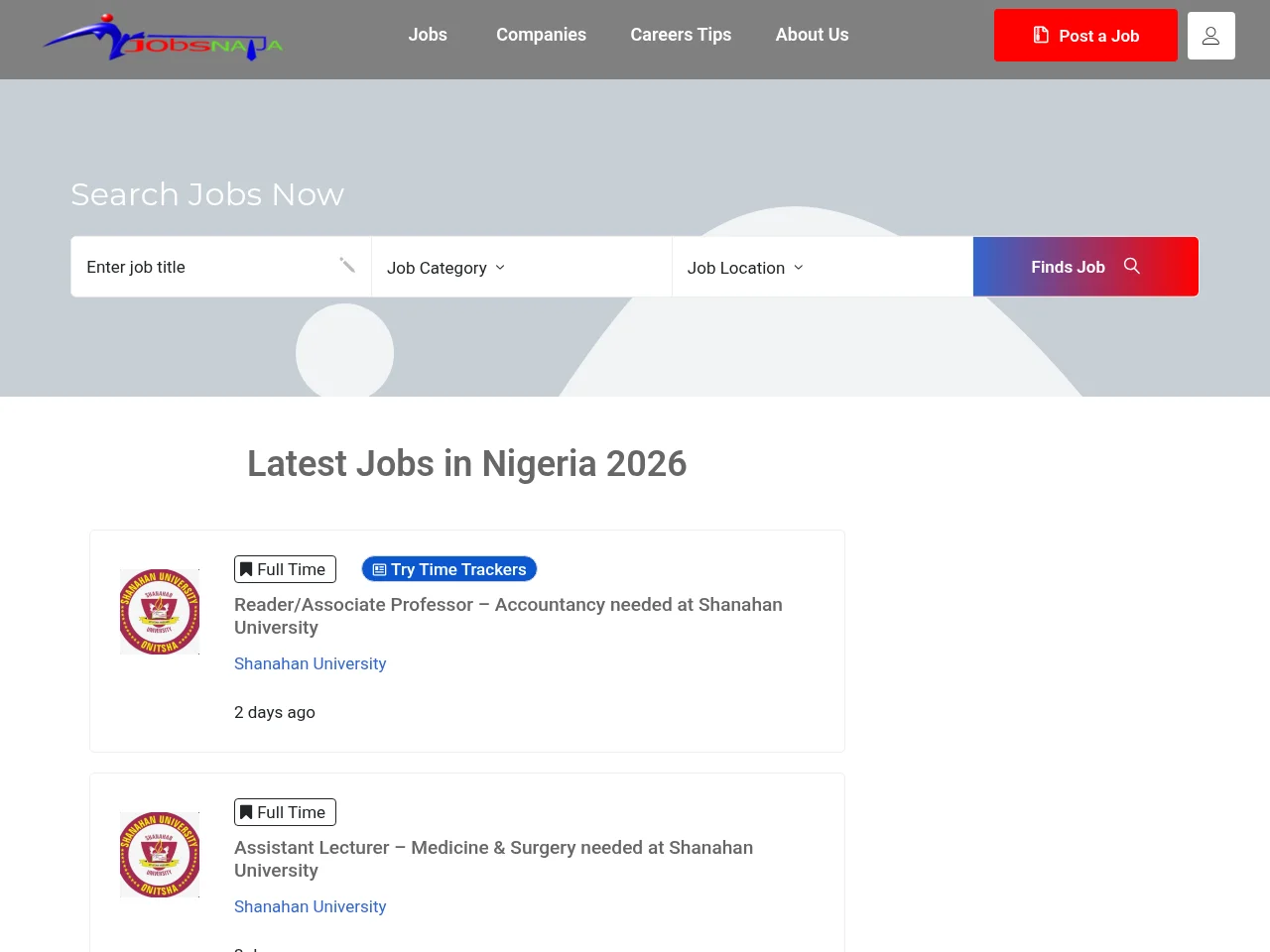 mrjobsnaija job board platform screenshot showing job search interface