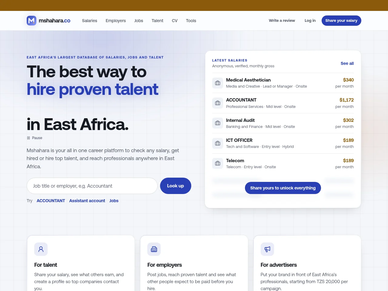 Mshahara job board platform screenshot showing job search interface