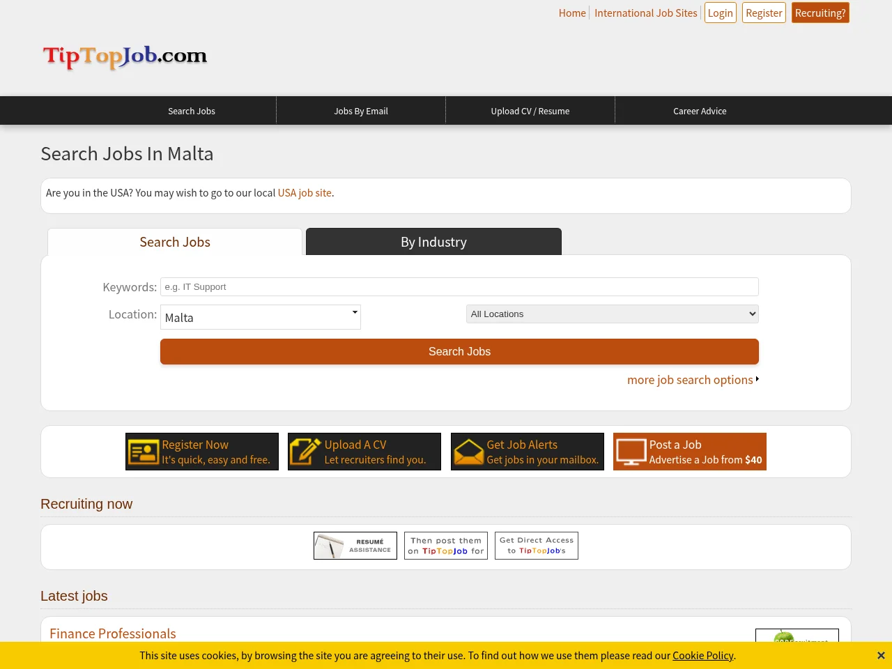 TipTopJob Malta job board platform screenshot showing job search interface