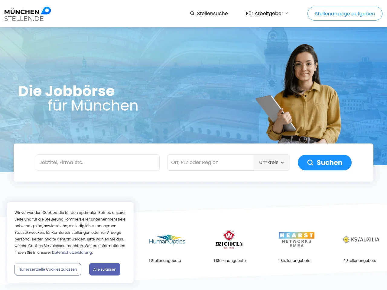 München-Stellen.de job board platform screenshot showing job search interface