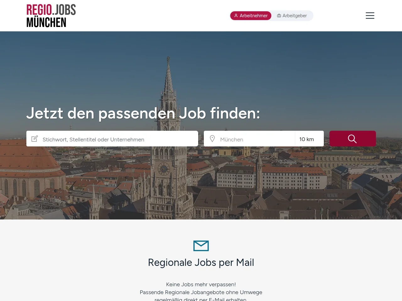 REGIO.JOBS MÜNCHEN job board platform screenshot showing job search interface
