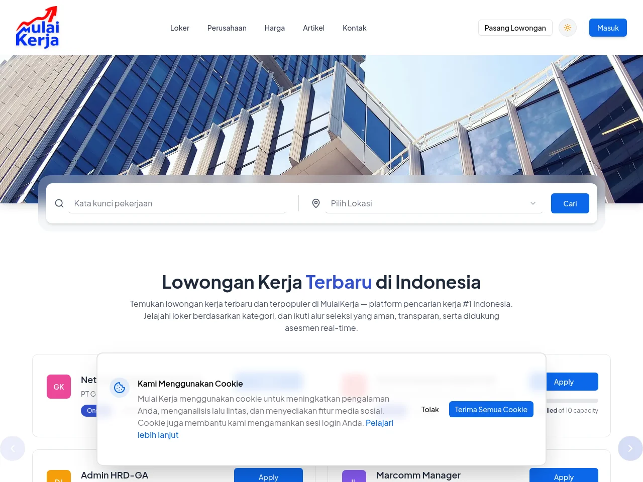 Mulai Kerja job board platform screenshot showing job search interface