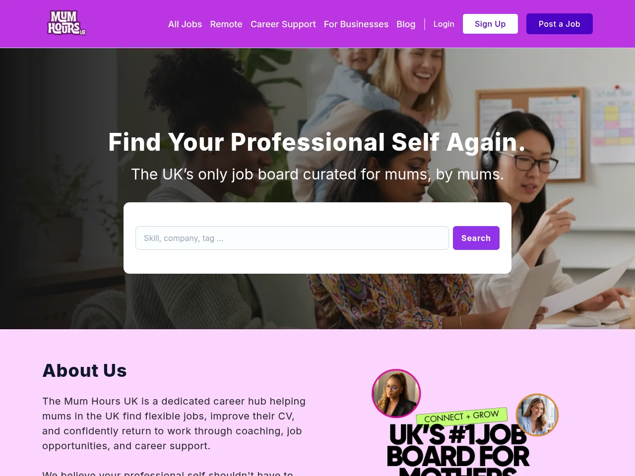 Mum Hours UK job board platform screenshot showing job search interface