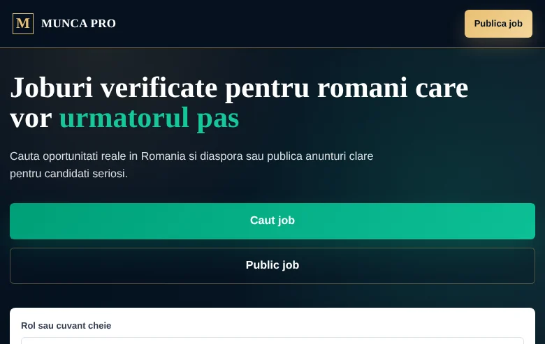 Munca Pro job board platform screenshot showing job search interface
