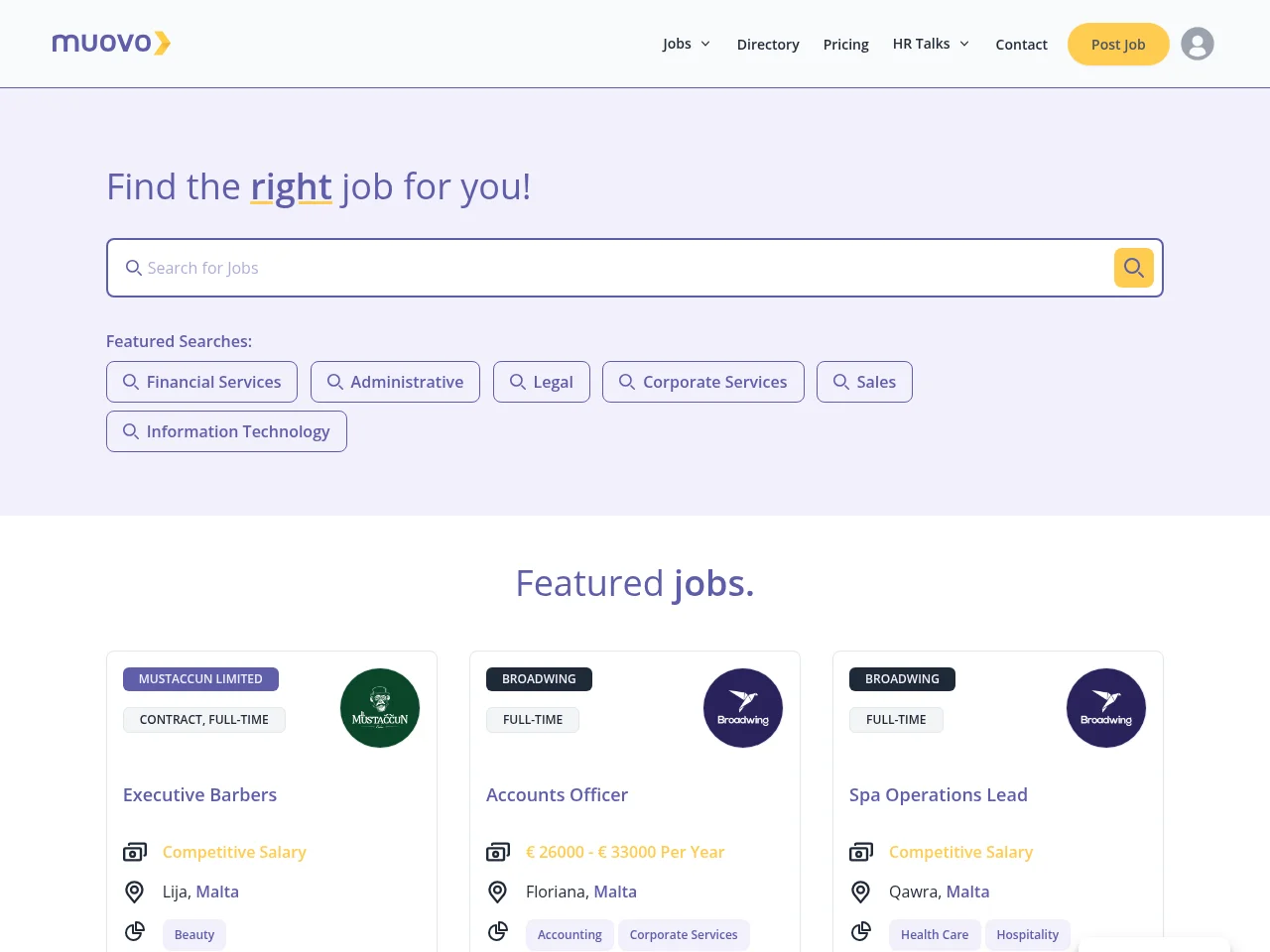 Muovo job board platform screenshot showing job search interface