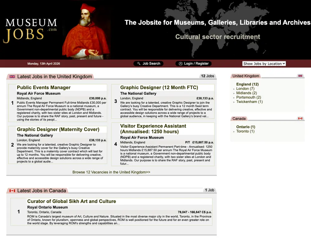 Museum Jobs job board platform screenshot showing job search interface