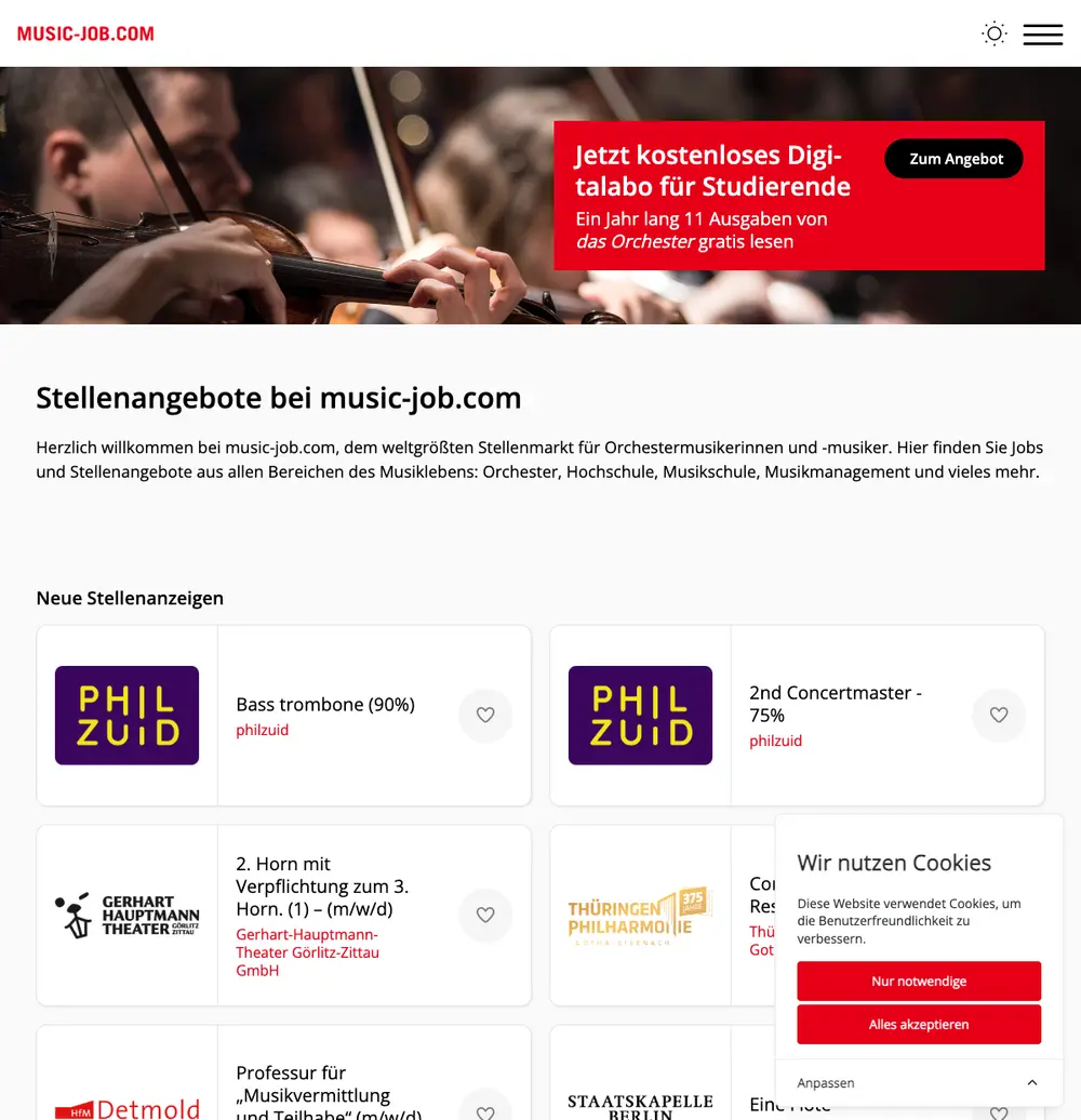 Music-Job.com job board platform screenshot showing job search interface