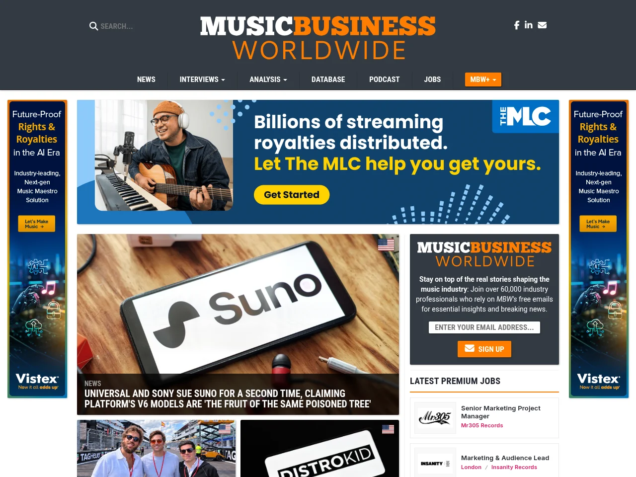 Music Business Worldwide job board platform screenshot showing job search interface