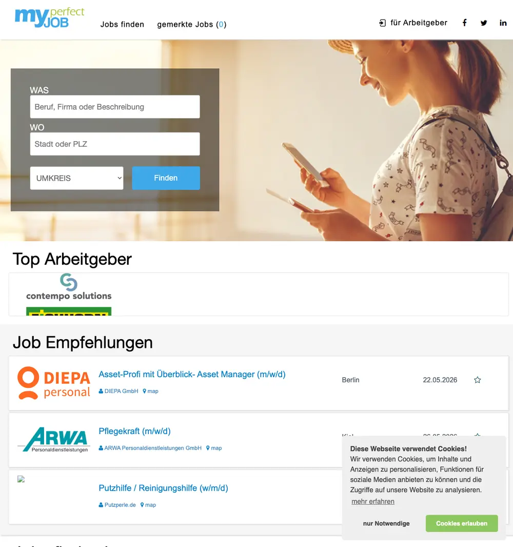my-perfect-job.de job board platform screenshot showing job search interface