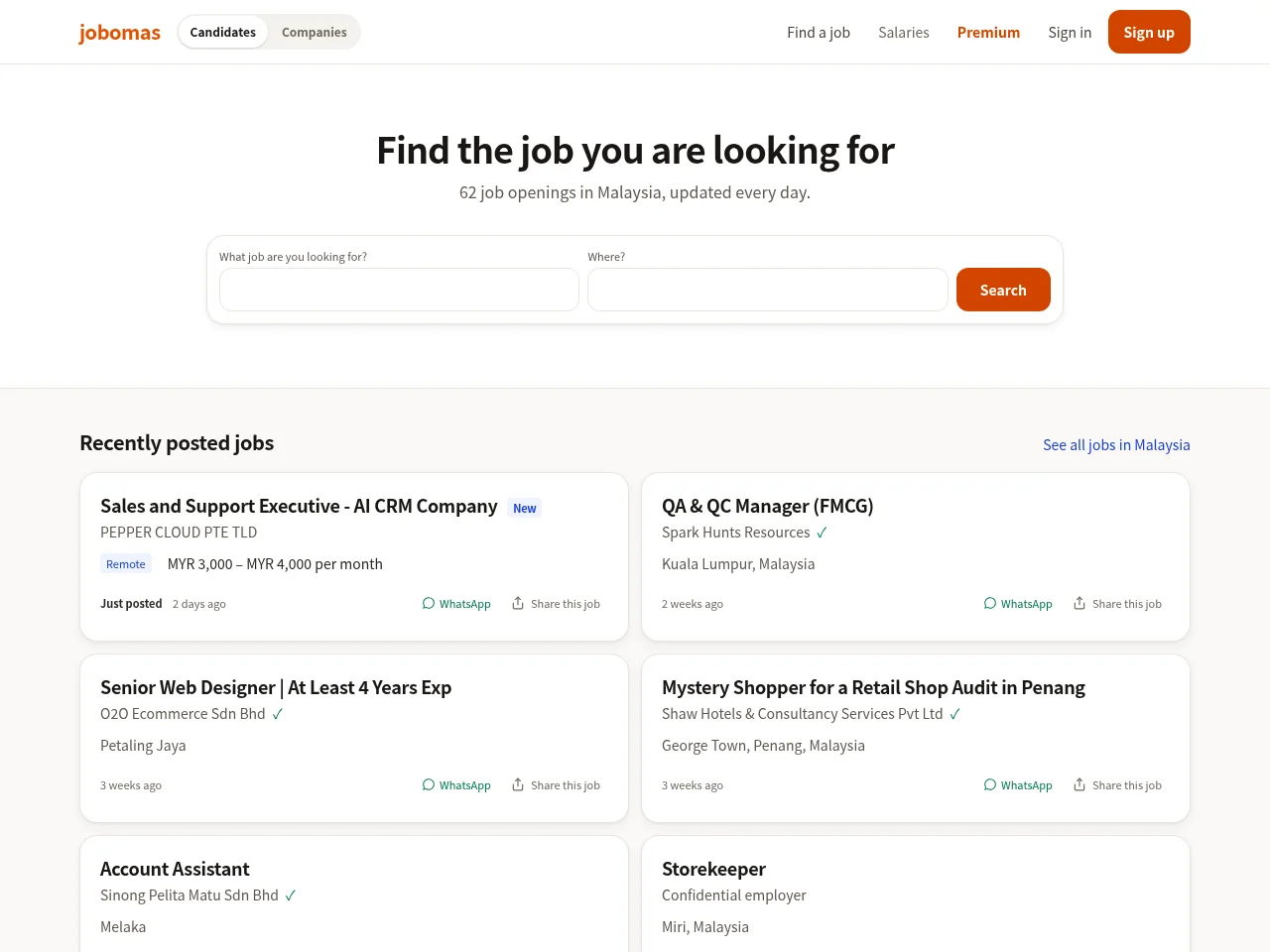 Jobomas job board platform screenshot showing job search interface