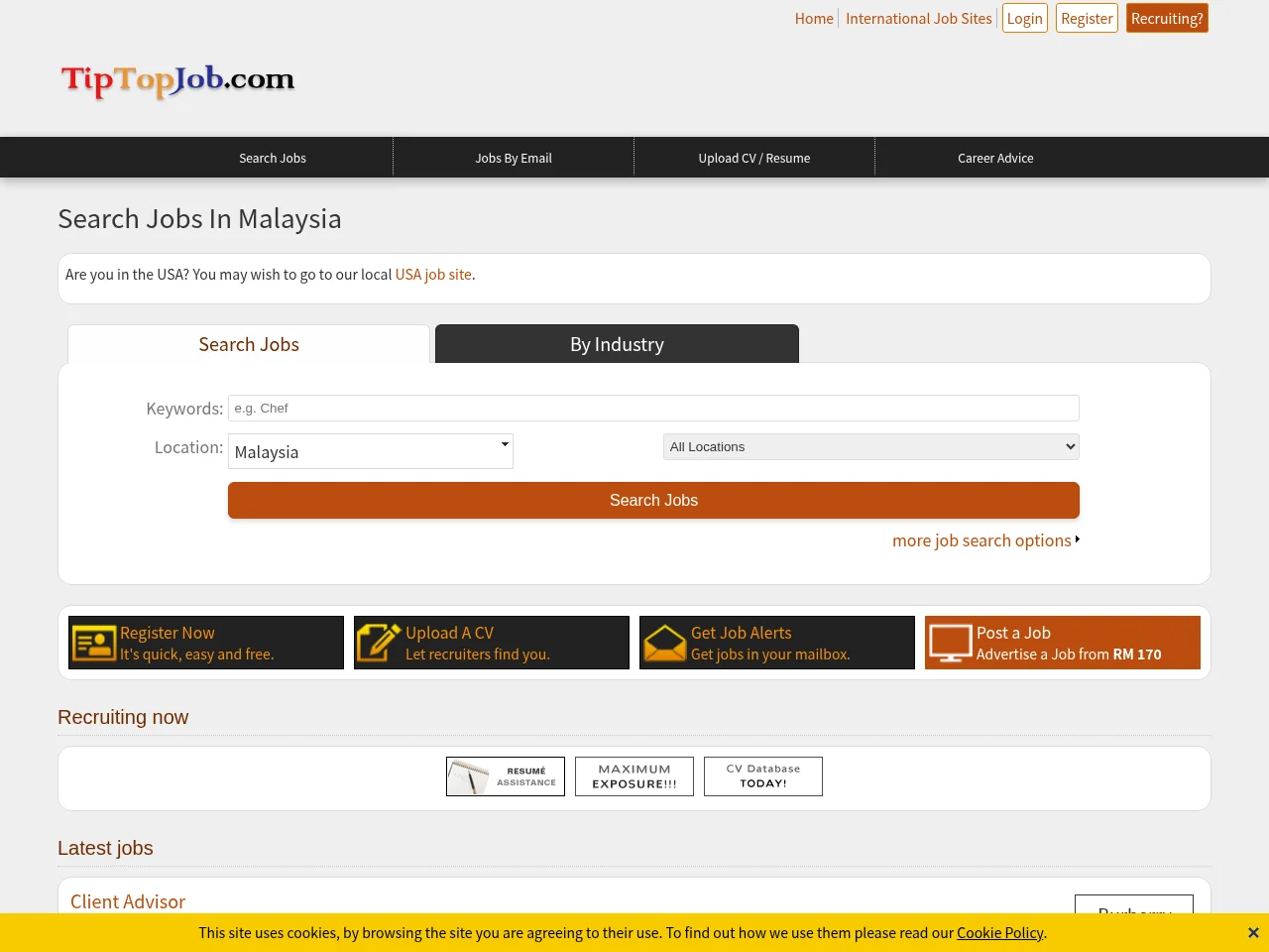 TipTopJob job board platform screenshot showing job search interface