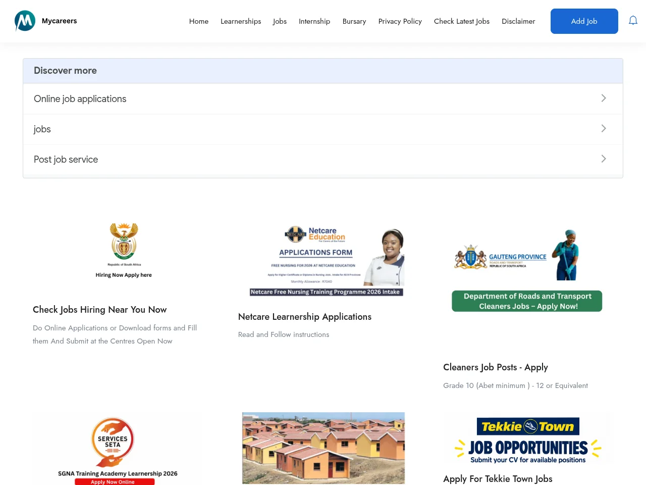 mycareers.co.za job board platform screenshot showing job search interface