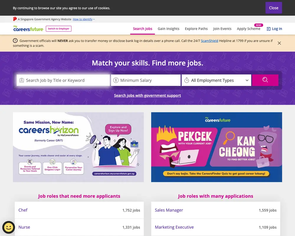 MyCareersFuture job board platform screenshot showing job search interface