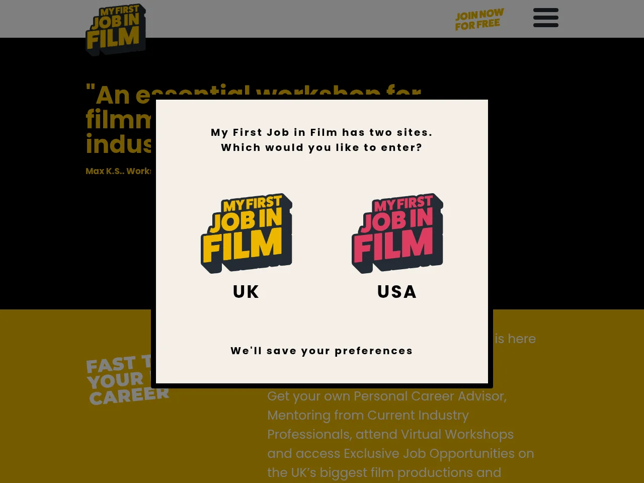 My First Job In Film job board platform screenshot showing job search interface